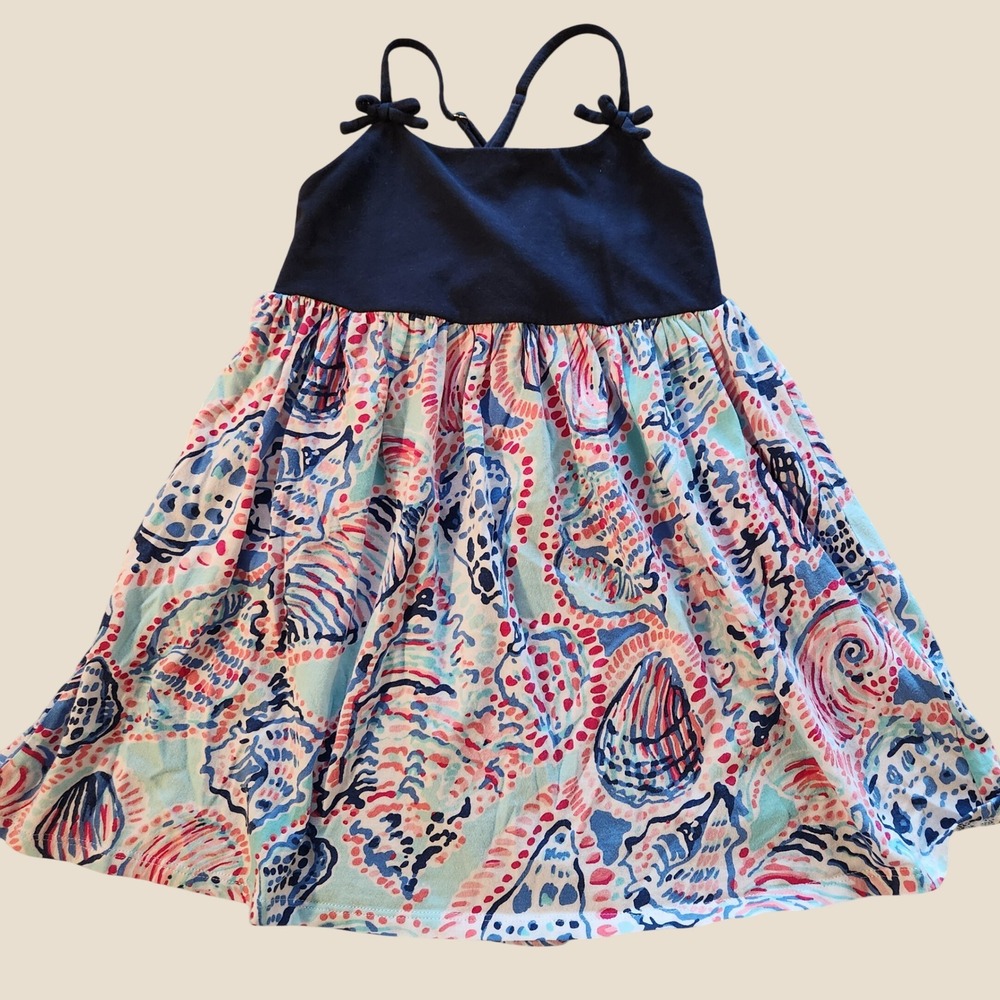 Lilly Pulitzer Girls Shell Print Dress Navy Blue Pink Cotton Size S 4-5